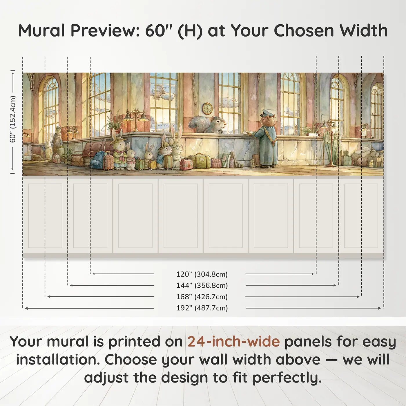 Panel dimensions for Airport Gate Bunny Family Wainscoting Wallpaper by Whimsy Tots