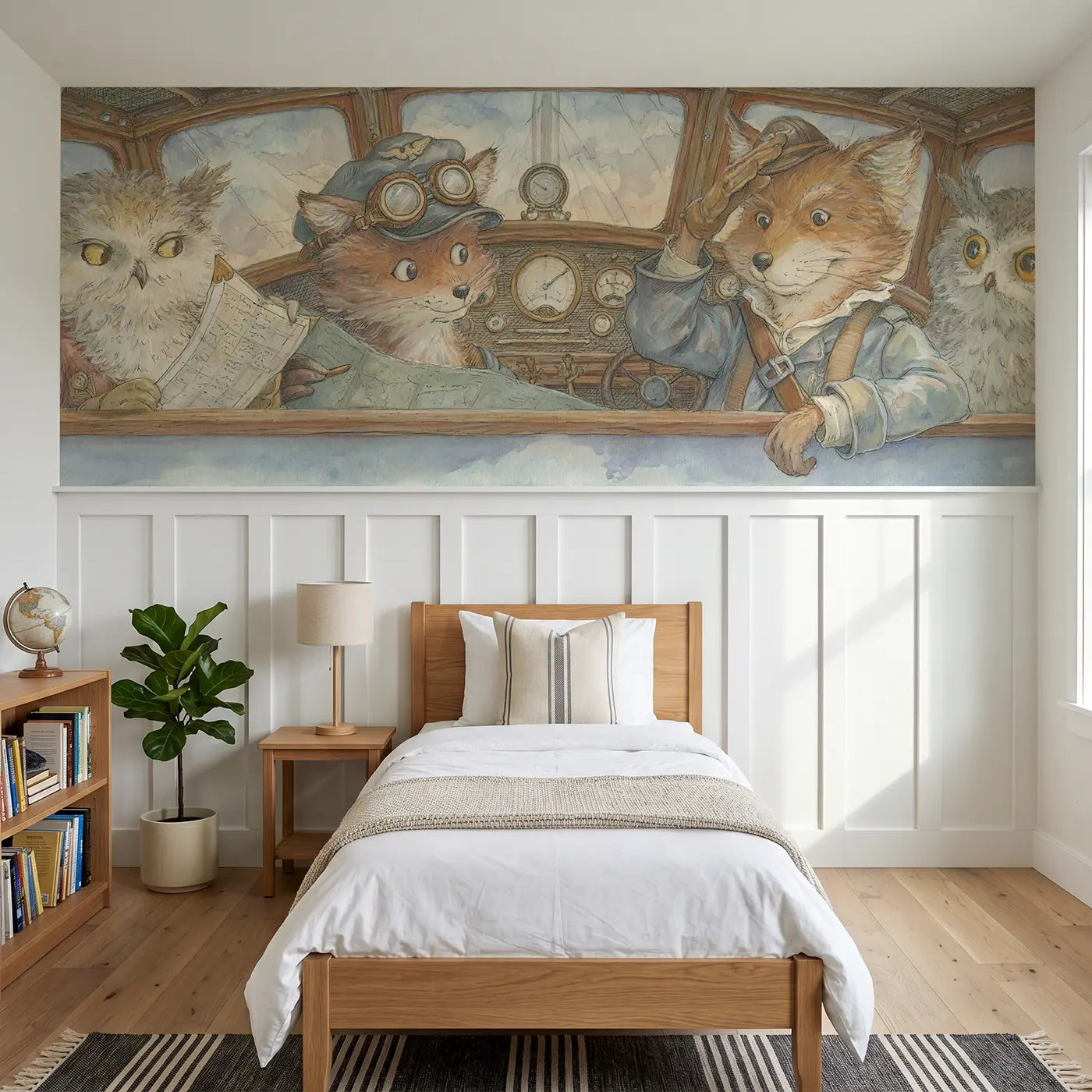 Storybook pilot fox cockpit salute wainscoting wallpaper for bedroom by Whimsy Tots.