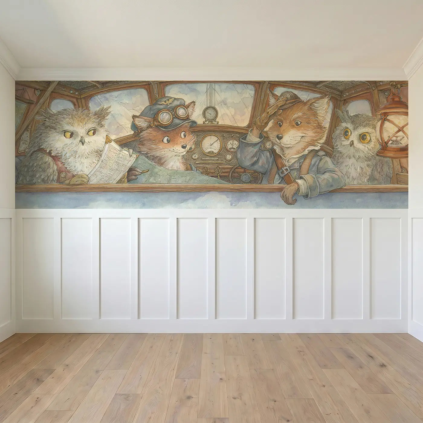 Full panel view of Pilot Fox Cockpit Salute Wainscoting Wallpaper by Whimsy Tots