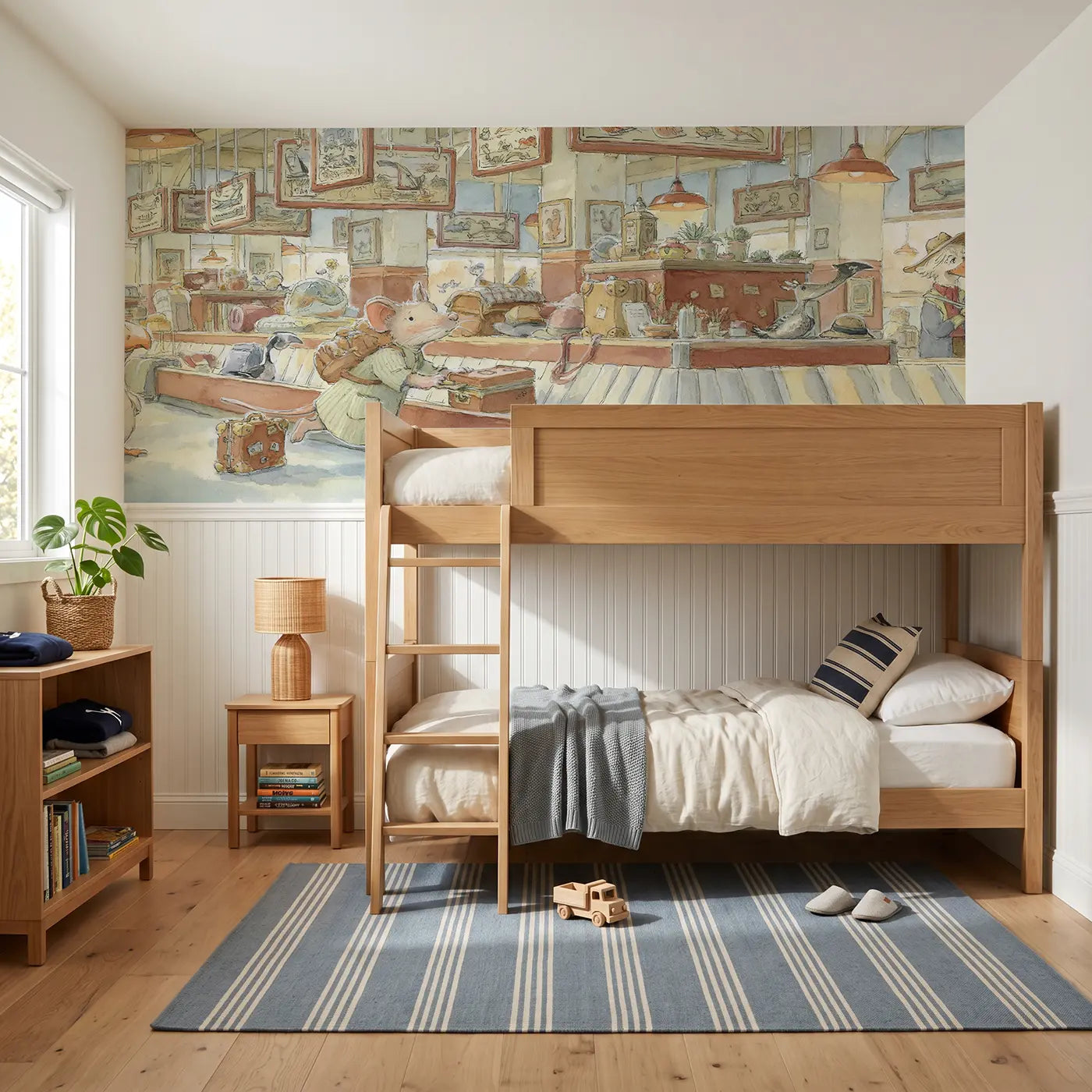 Storybook baggage claim mouse rush wainscoting wallpaper for bedroom by Whimsy Tots.