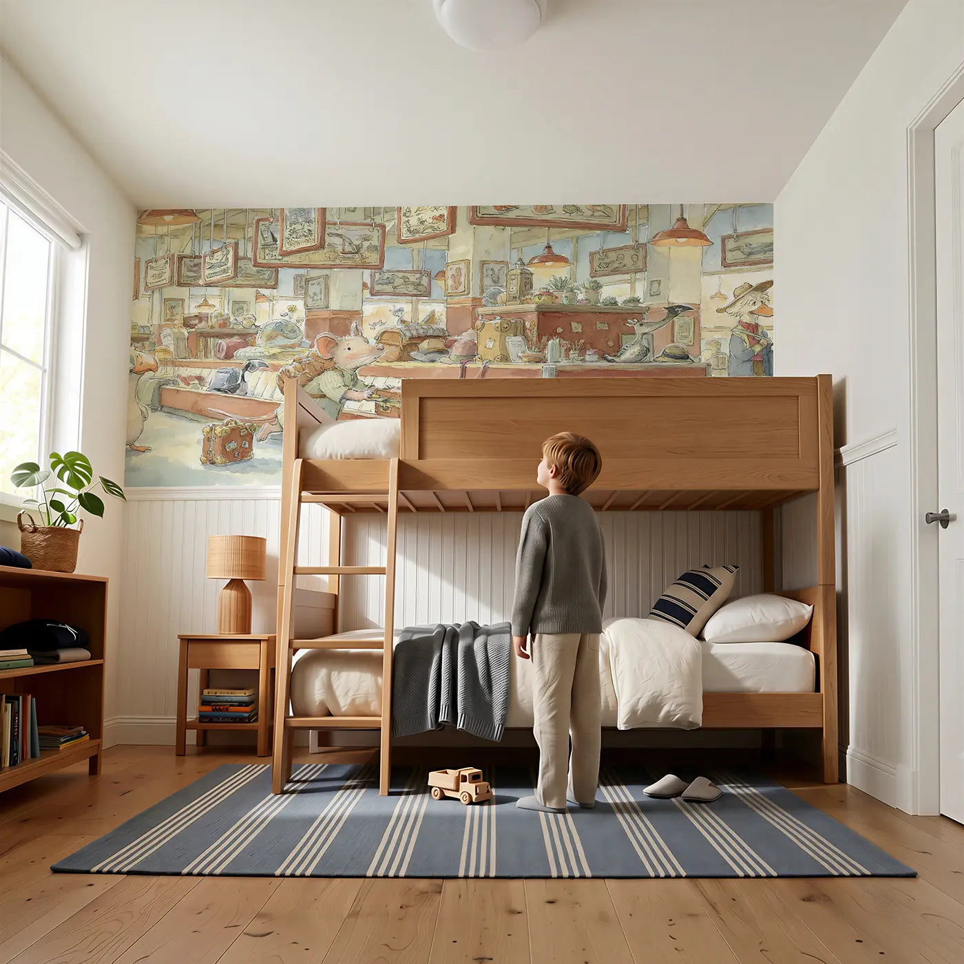 Child reading near Baggage Claim Mouse Rush Wainscoting Wallpaper by Whimsy Tots