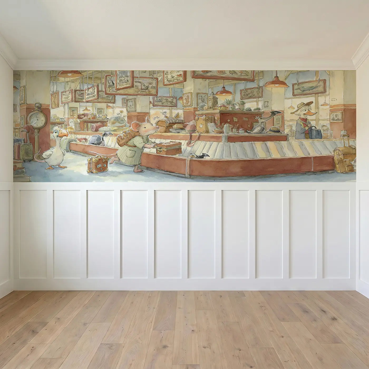 Full panel view of Baggage Claim Mouse Rush Wainscoting Wallpaper by Whimsy Tots