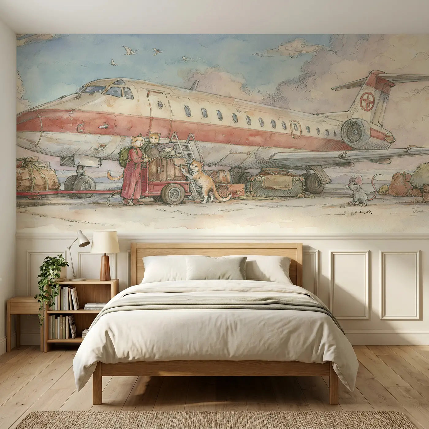 Storybook jet plane luggage cart tow wainscoting wallpaper for bedroom by Whimsy Tots.