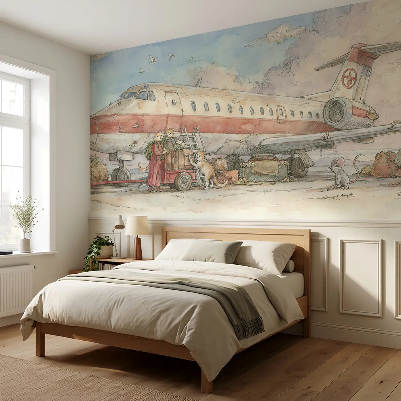 Jet Plane Luggage Cart Tow Wainscoting Wallpaper styled in a kids bedroom by Whimsy Tots