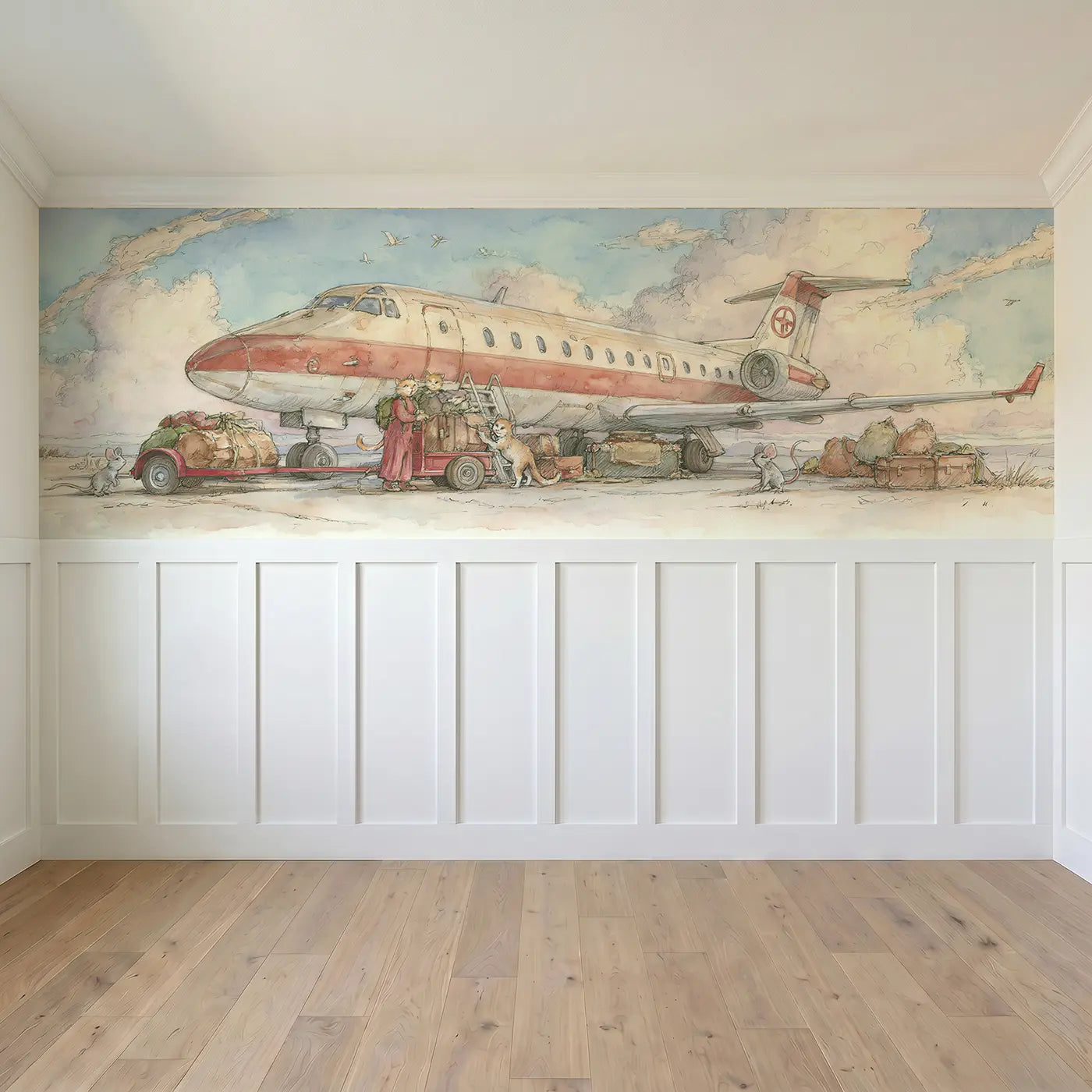 Full panel view of Jet Plane Luggage Cart Tow Wainscoting Wallpaper by Whimsy Tots