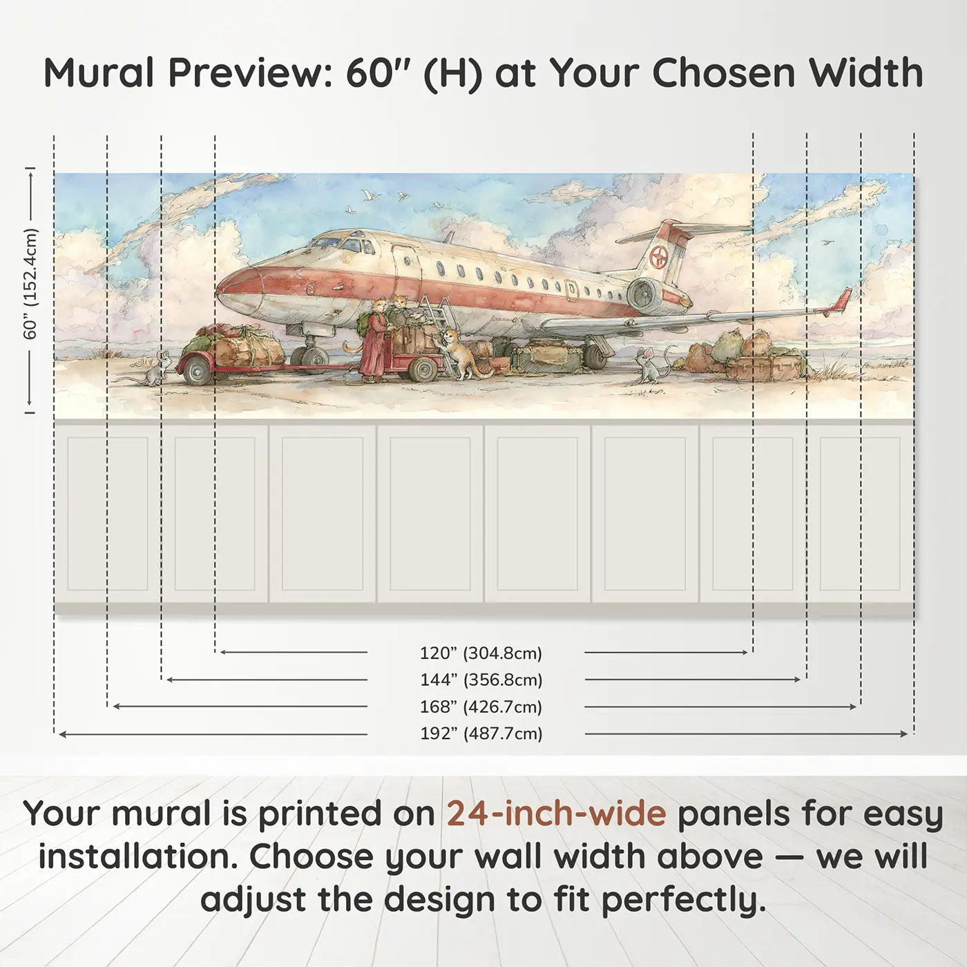 Panel dimensions for Jet Plane Luggage Cart Tow Wainscoting Wallpaper by Whimsy Tots