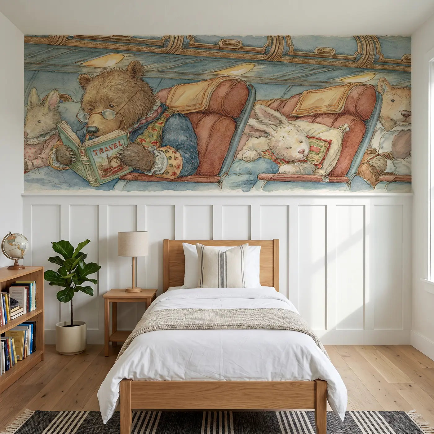 Storybook plane passenger travel story wainscoting wallpaper for bedroom by Whimsy Tots.