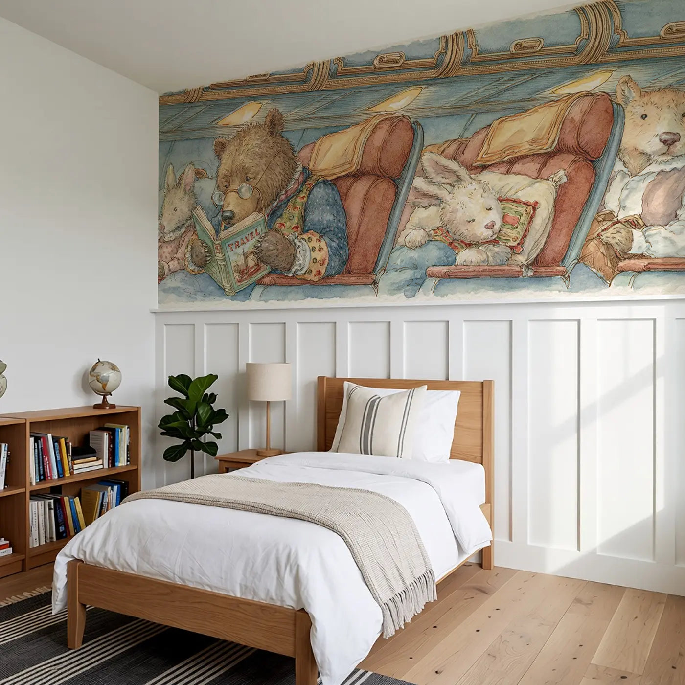 Plane Passenger Travel Story Wainscoting Wallpaper styled in a kids bedroom by Whimsy Tots