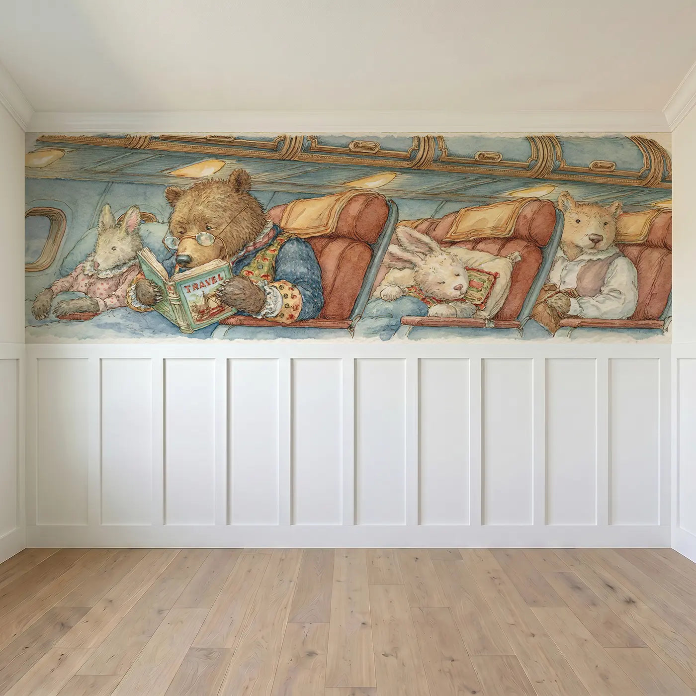 Full panel view of Plane Passenger Travel Story Wainscoting Wallpaper by Whimsy Tots