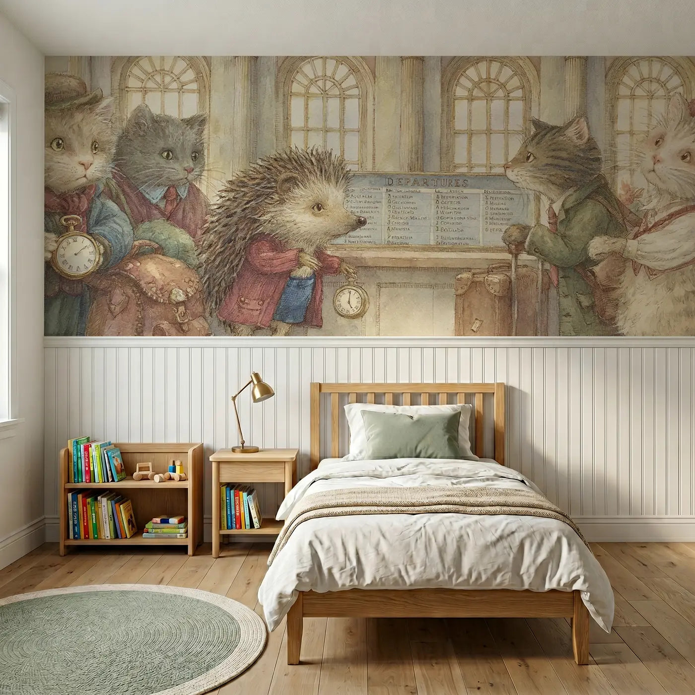 Storybook airport departures board scene wainscoting wallpaper for bedroom by Whimsy Tots.