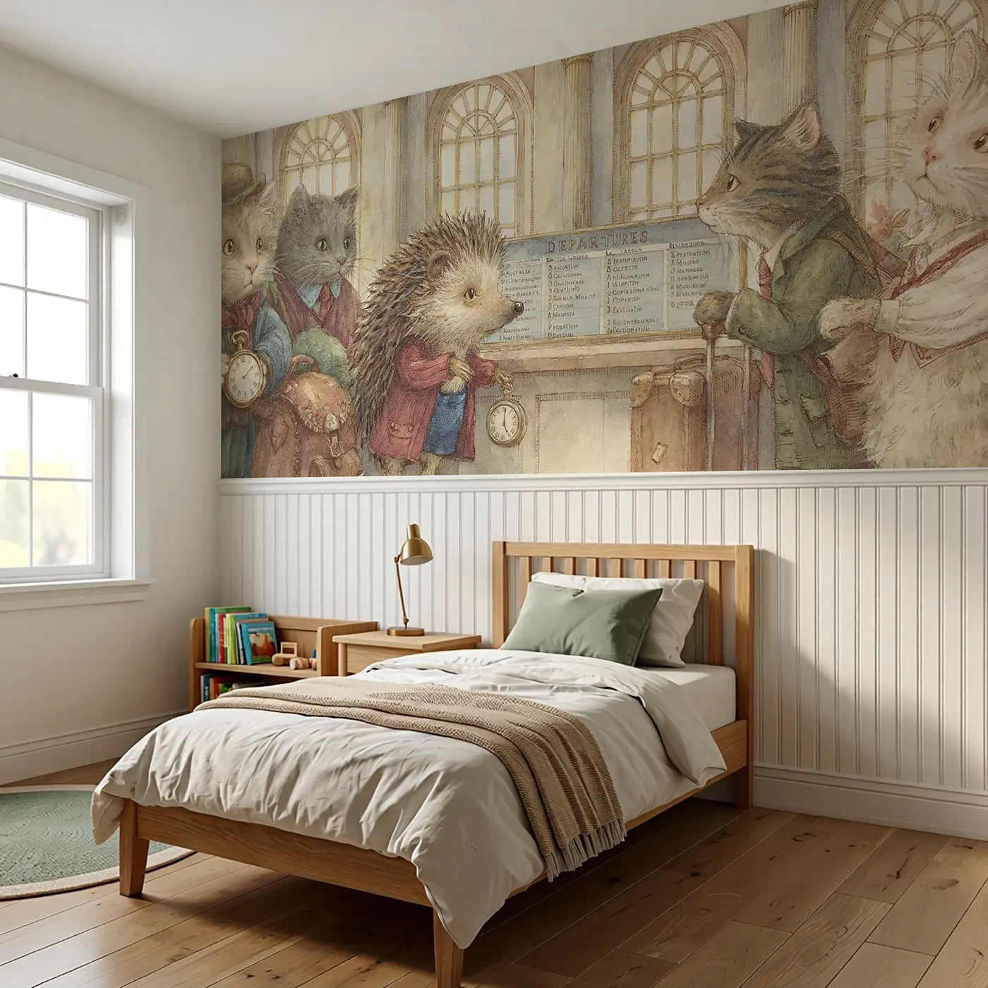 Airport Departures Board Scene Wainscoting Wallpaper styled in a kids bedroom by Whimsy Tots