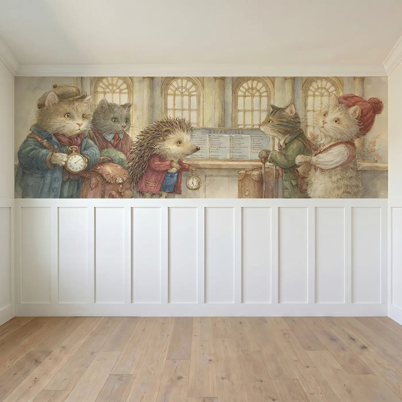 Full panel view of Airport Departures Board Scene Wainscoting Wallpaper by Whimsy Tots