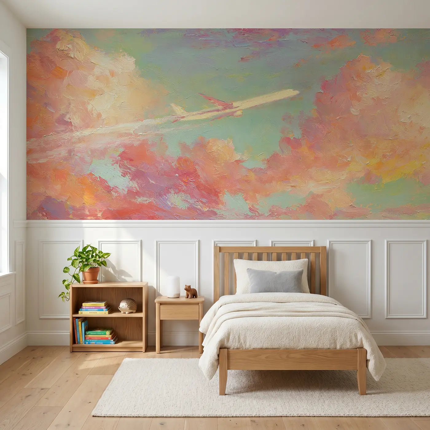 Painted Landscape jet plane golden hour wainscoting wallpaper for bedroom by Whimsy Tots.