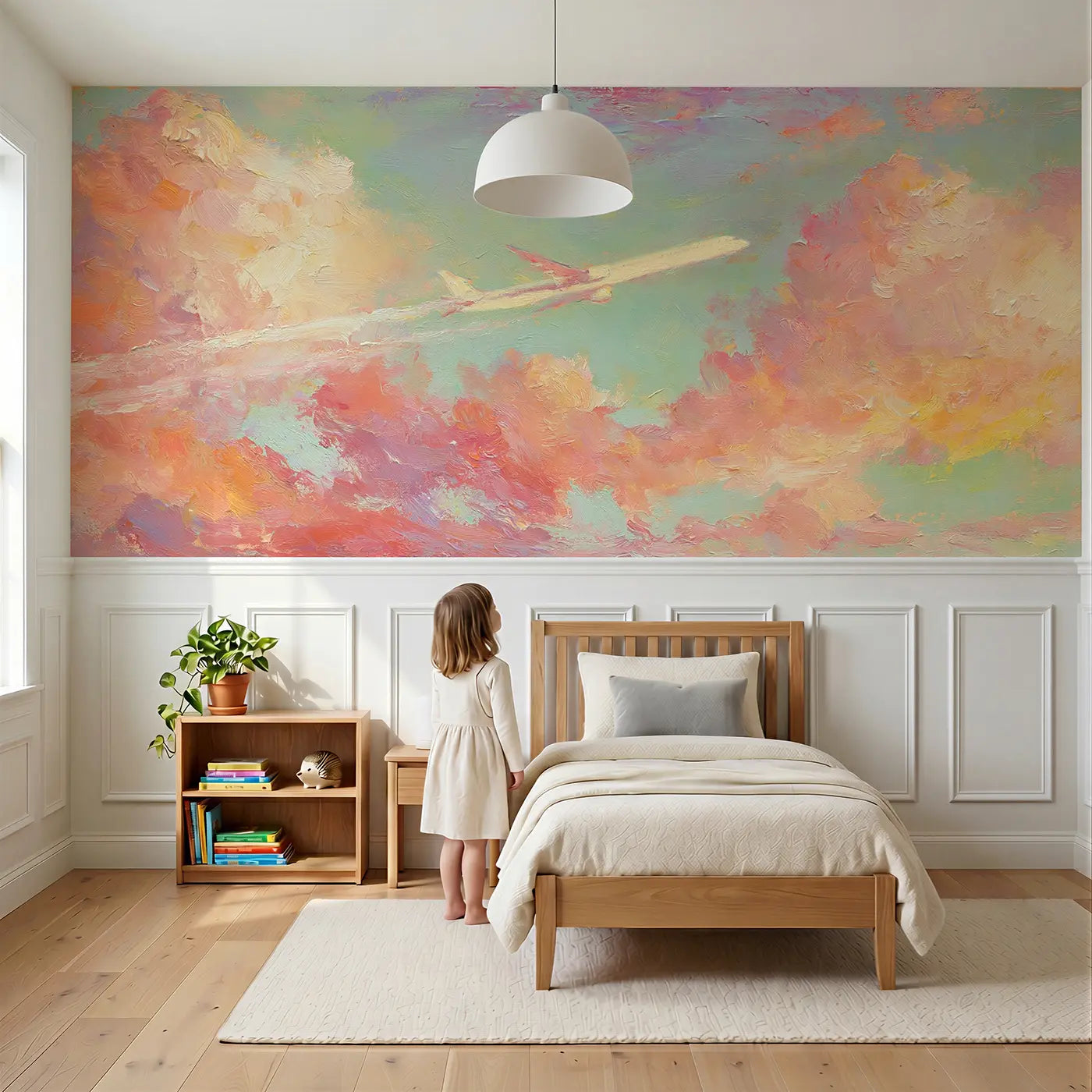 Child reading near Jet Plane Golden Hour Cruise Wainscoting Wallpaper by Whimsy Tots