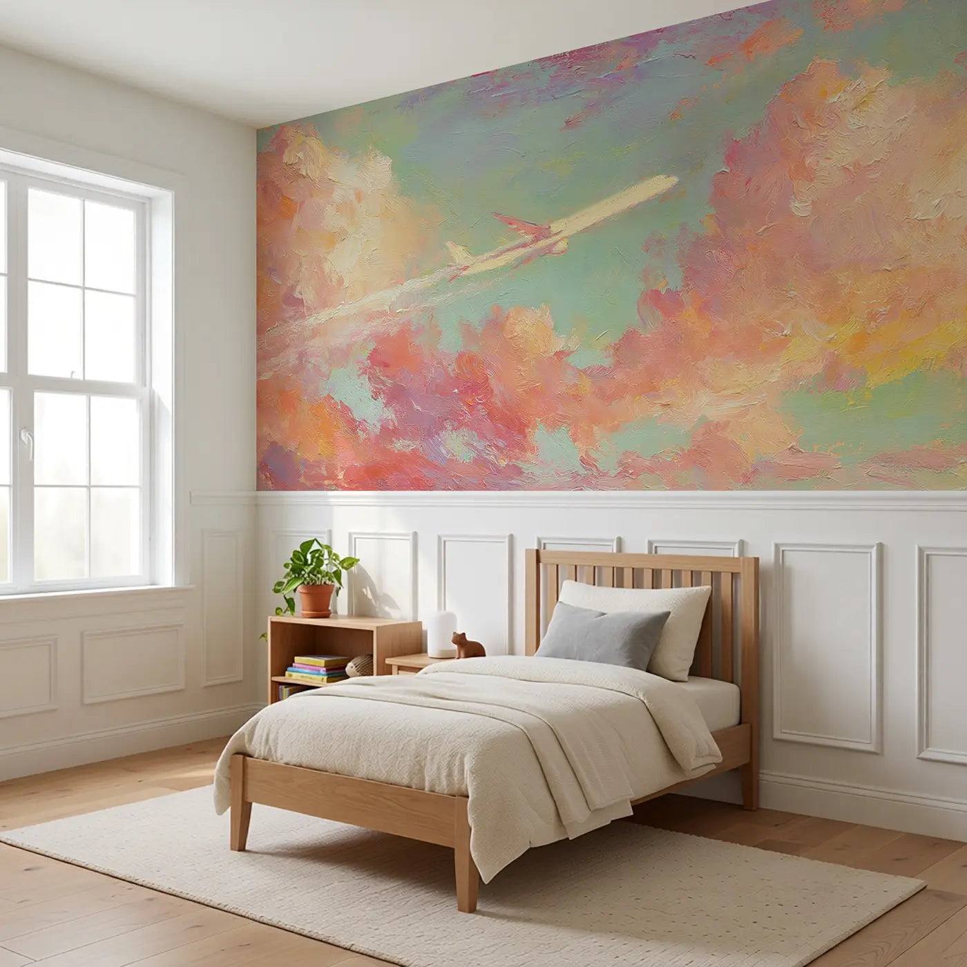 Jet Plane Golden Hour Cruise Wainscoting Wallpaper styled in a kids bedroom by Whimsy Tots