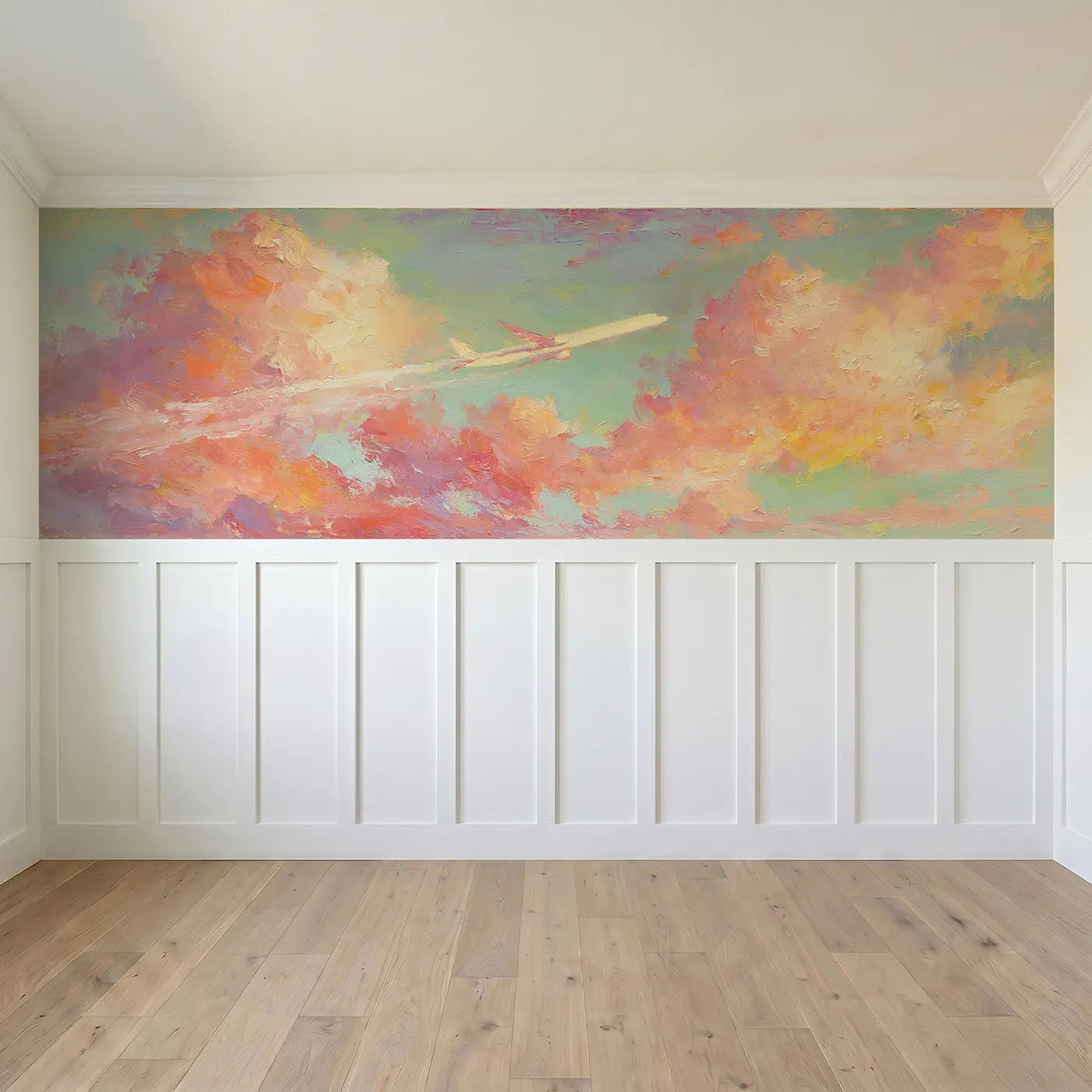 Full panel view of Jet Plane Golden Hour Cruise Wainscoting Wallpaper by Whimsy Tots