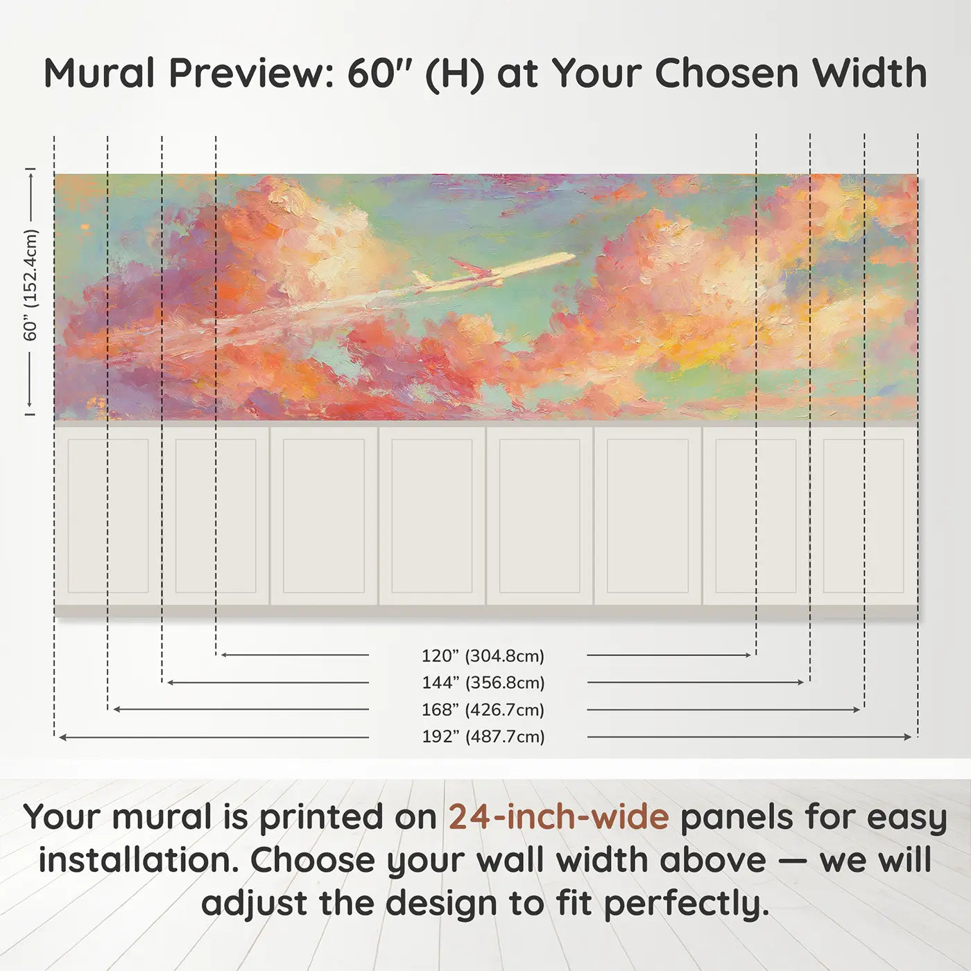Panel dimensions for Jet Plane Golden Hour Cruise Wainscoting Wallpaper by Whimsy Tots