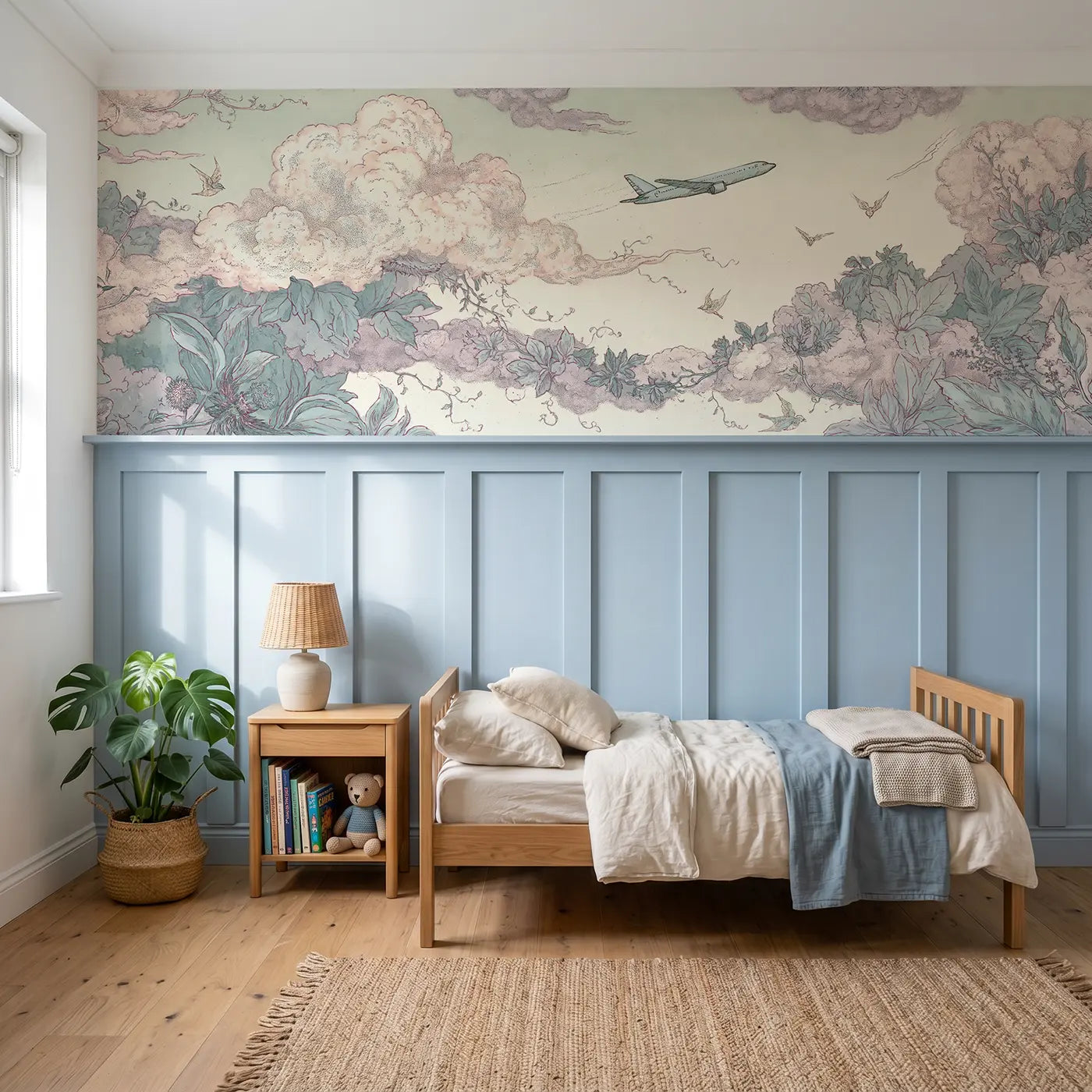 Botanical Elegance jet cloud toile wainscoting wallpaper for bedroom by Whimsy Tots.
