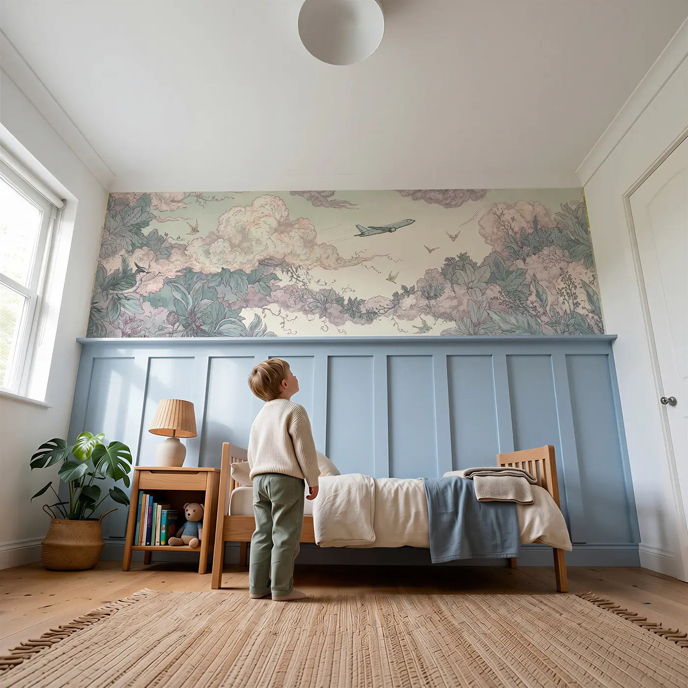 Child reading near Jet Cloud Botanical Toile Wainscoting Wallpaper by Whimsy Tots