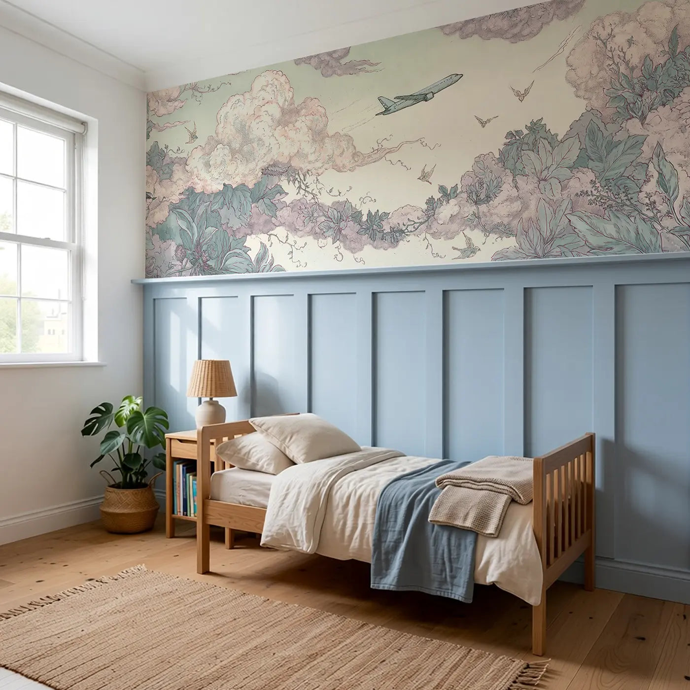 Jet Cloud Botanical Toile Wainscoting Wallpaper styled in a kids bedroom by Whimsy Tots