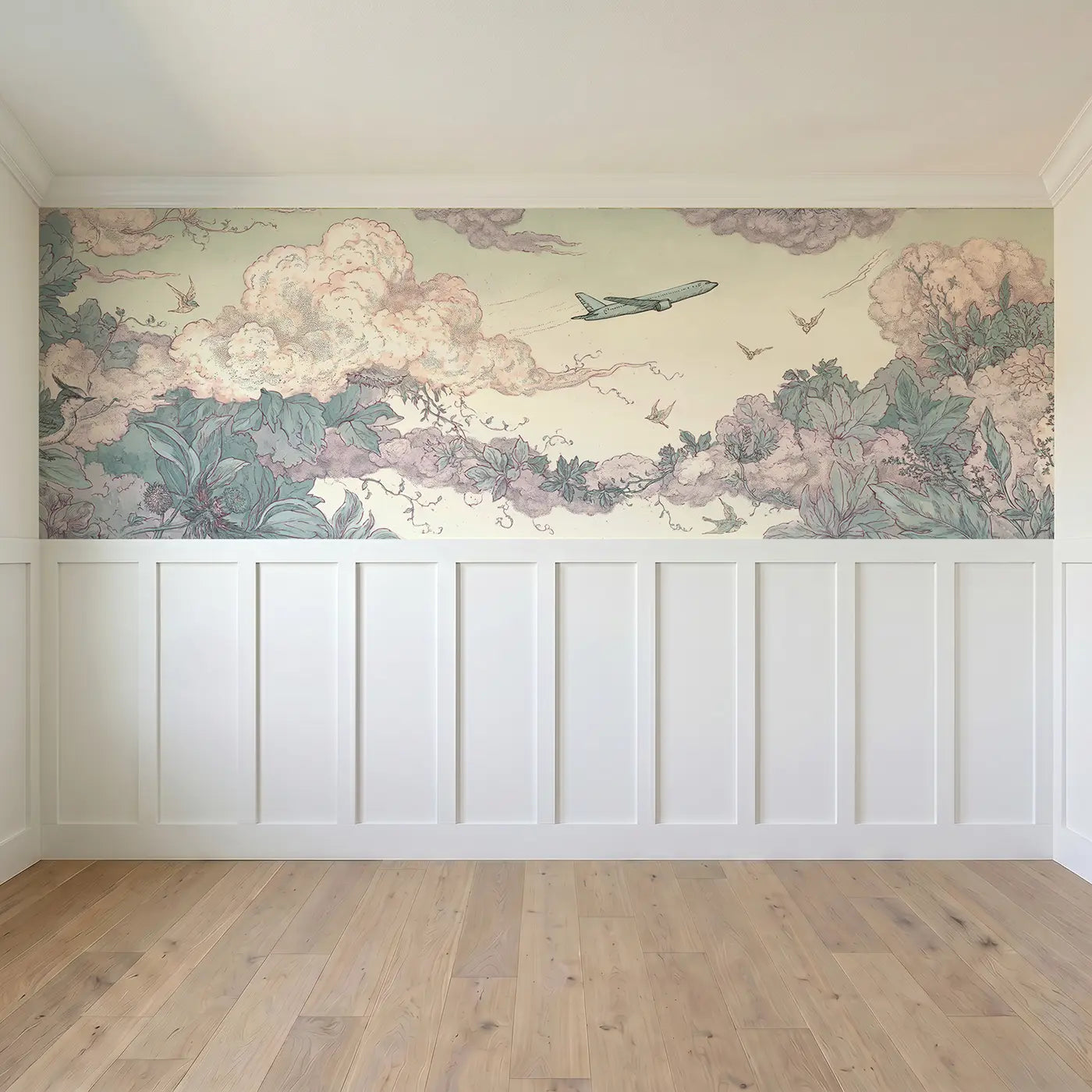 Full panel view of Jet Cloud Botanical Toile Wainscoting Wallpaper by Whimsy Tots