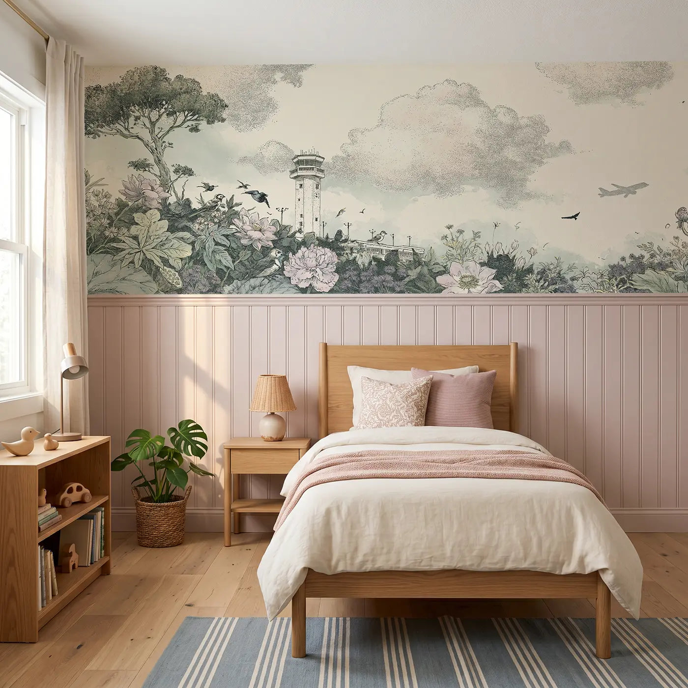 Botanical Elegance airport tower stipple scene wainscoting wallpaper for bedroom by Whimsy Tots.