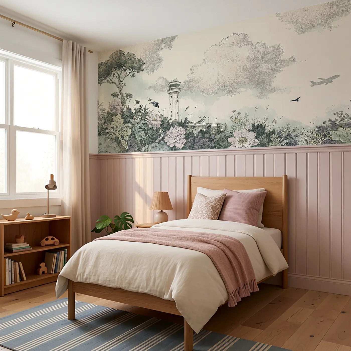Airport Tower Stipple Scene Wainscoting Wallpaper styled in a kids bedroom by Whimsy Tots