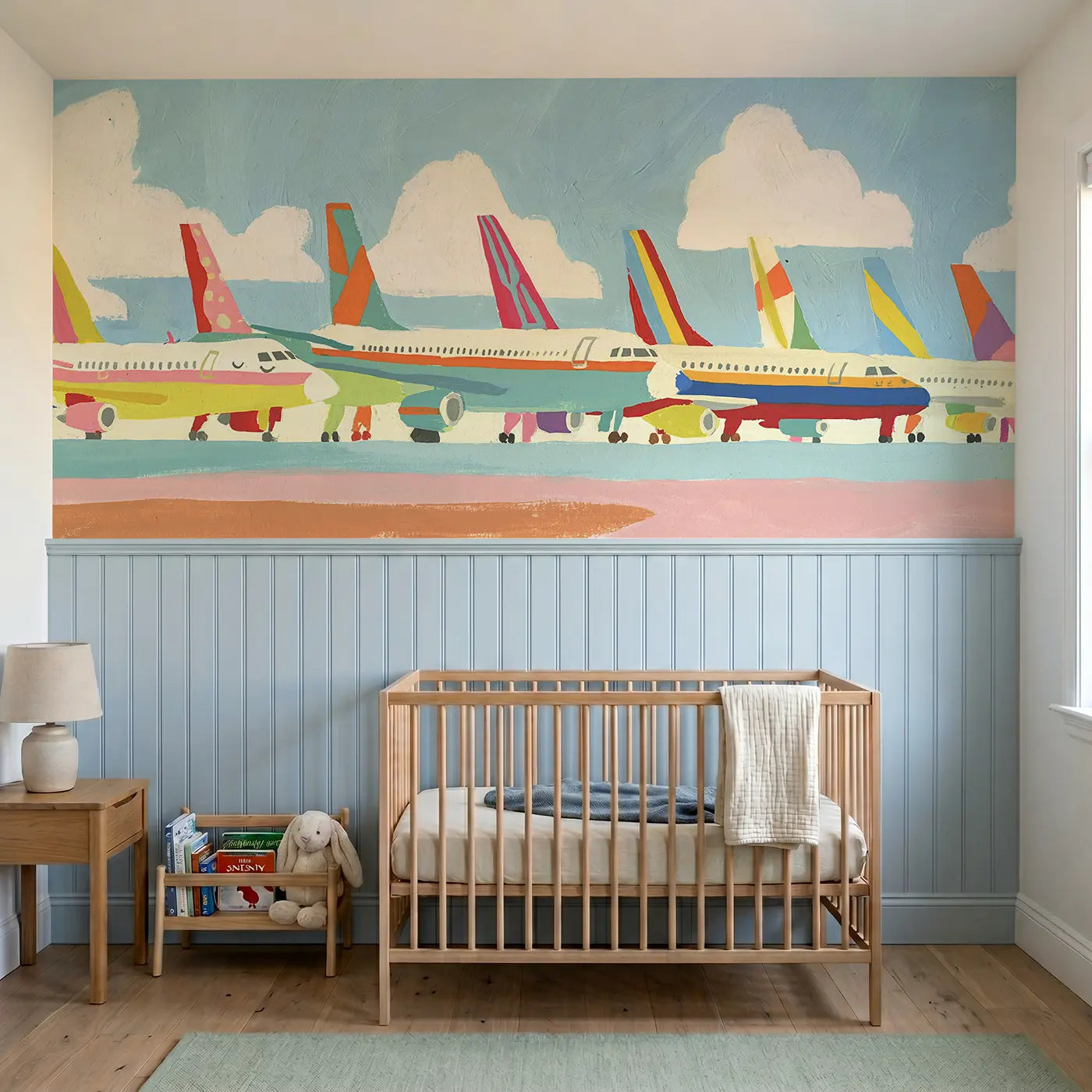 Modern Illustration jet plane fleet wainscoting wallpaper for nursery by Whimsy Tots.
