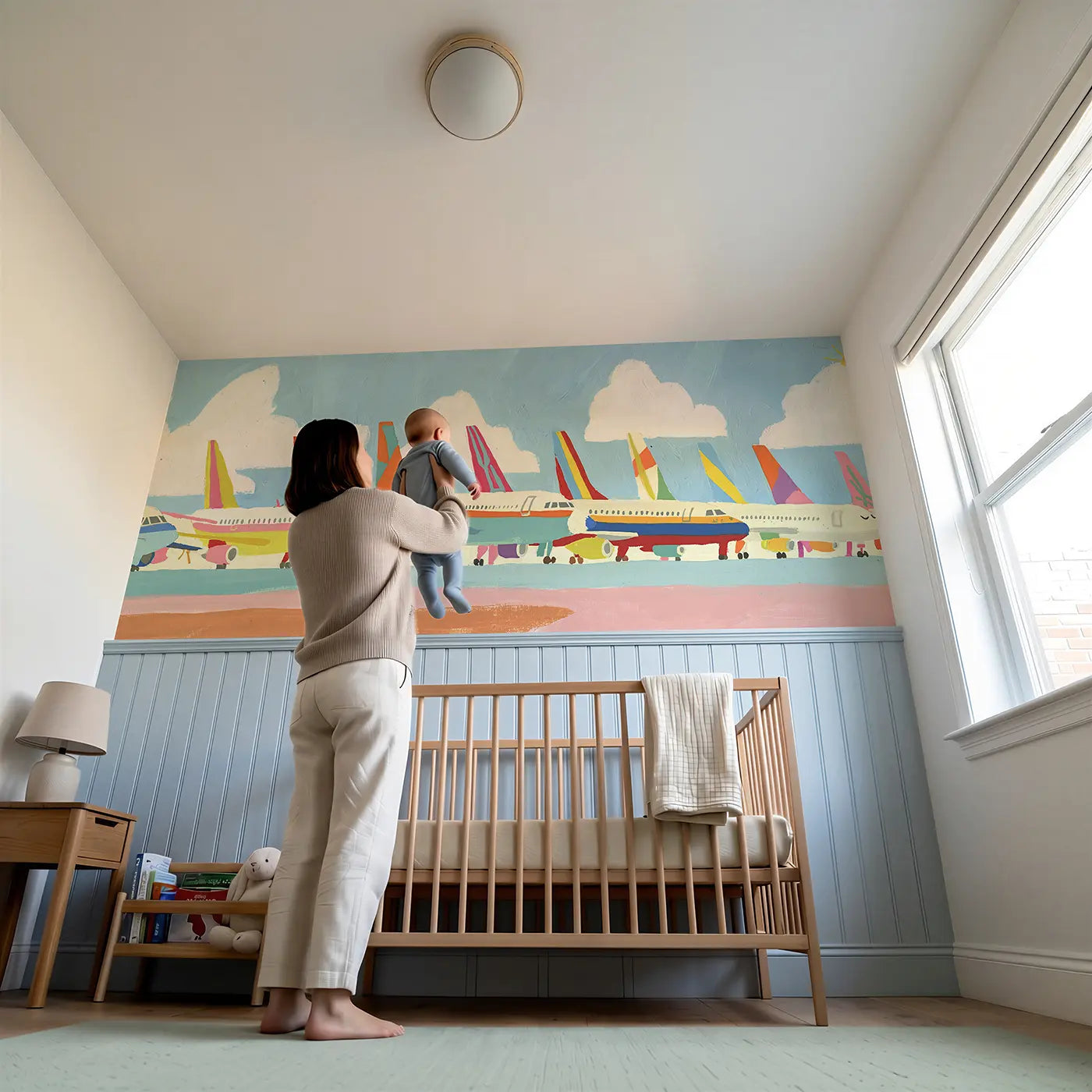 Child reading near Flat Jet Plane Fleet Wainscoting Wallpaper by Whimsy Tots