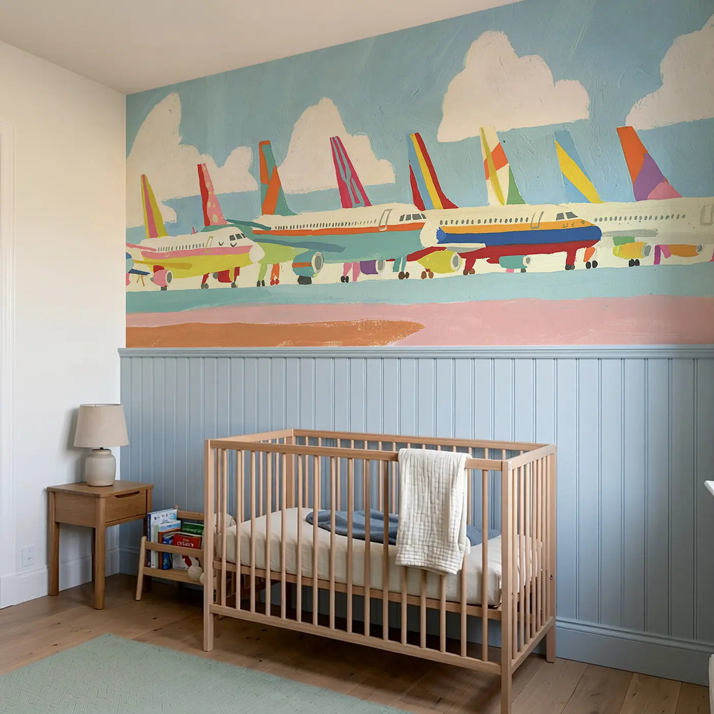 Flat Jet Plane Fleet Wainscoting Wallpaper styled in a kids bedroom by Whimsy Tots
