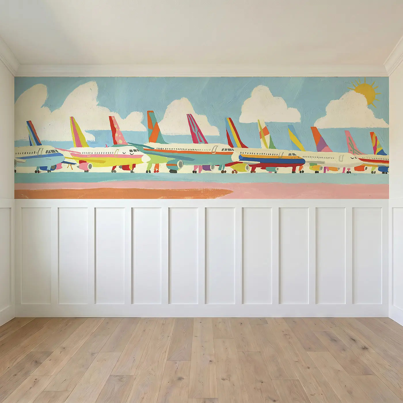 Full panel view of Flat Jet Plane Fleet Wainscoting Wallpaper by Whimsy Tots