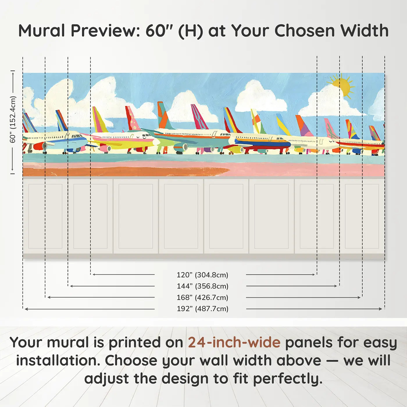 Panel dimensions for Flat Jet Plane Fleet Wainscoting Wallpaper by Whimsy Tots