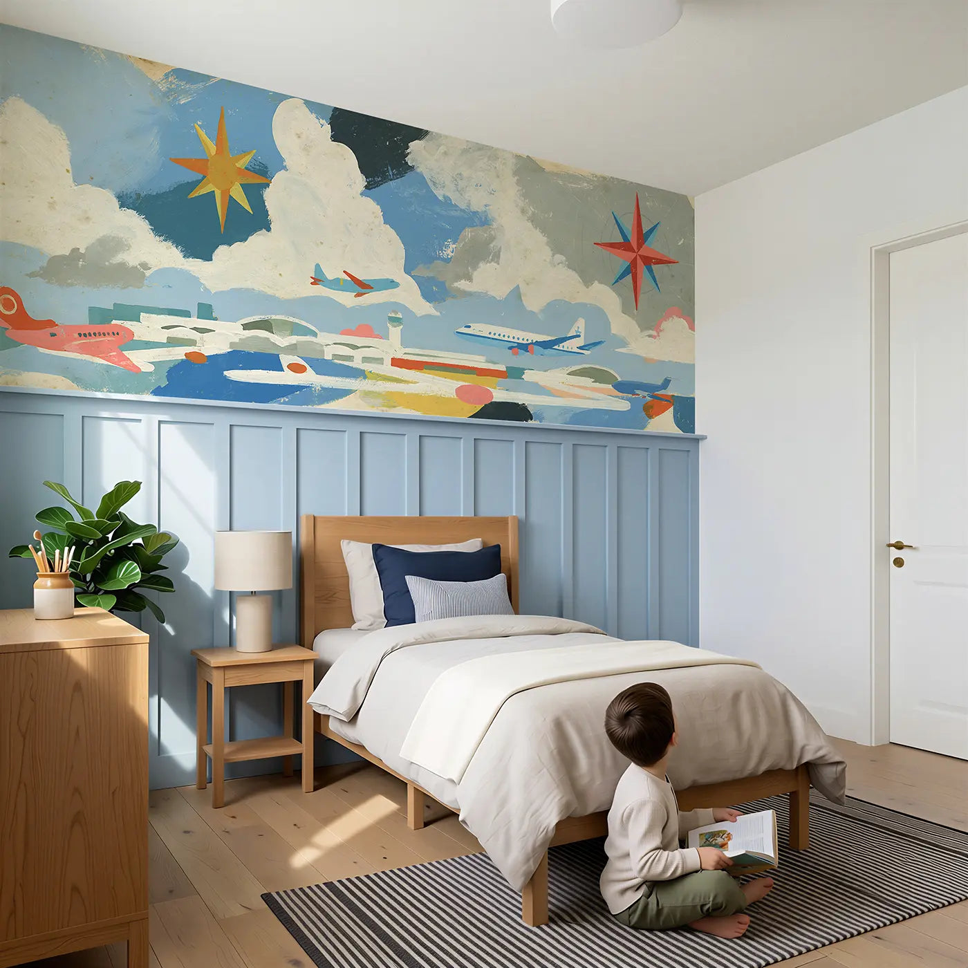 Child reading near Graphic Airport Map Bold Wainscoting Wallpaper by Whimsy Tots