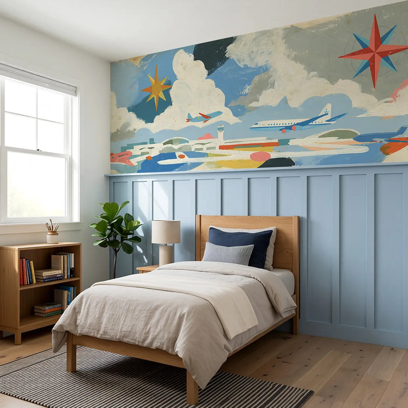 Graphic Airport Map Bold Wainscoting Wallpaper styled in a kids bedroom by Whimsy Tots