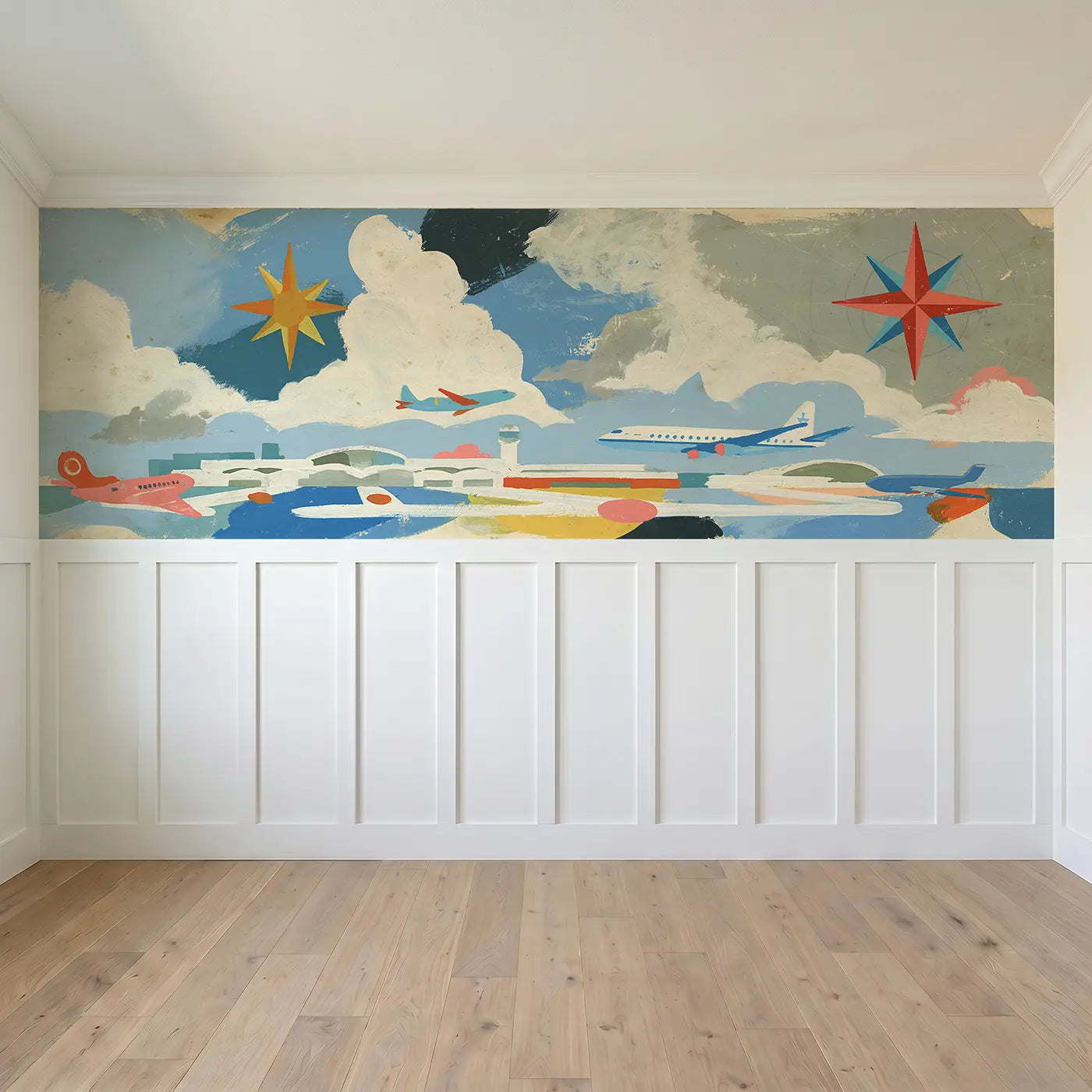 Full panel view of Graphic Airport Map Bold Wainscoting Wallpaper by Whimsy Tots