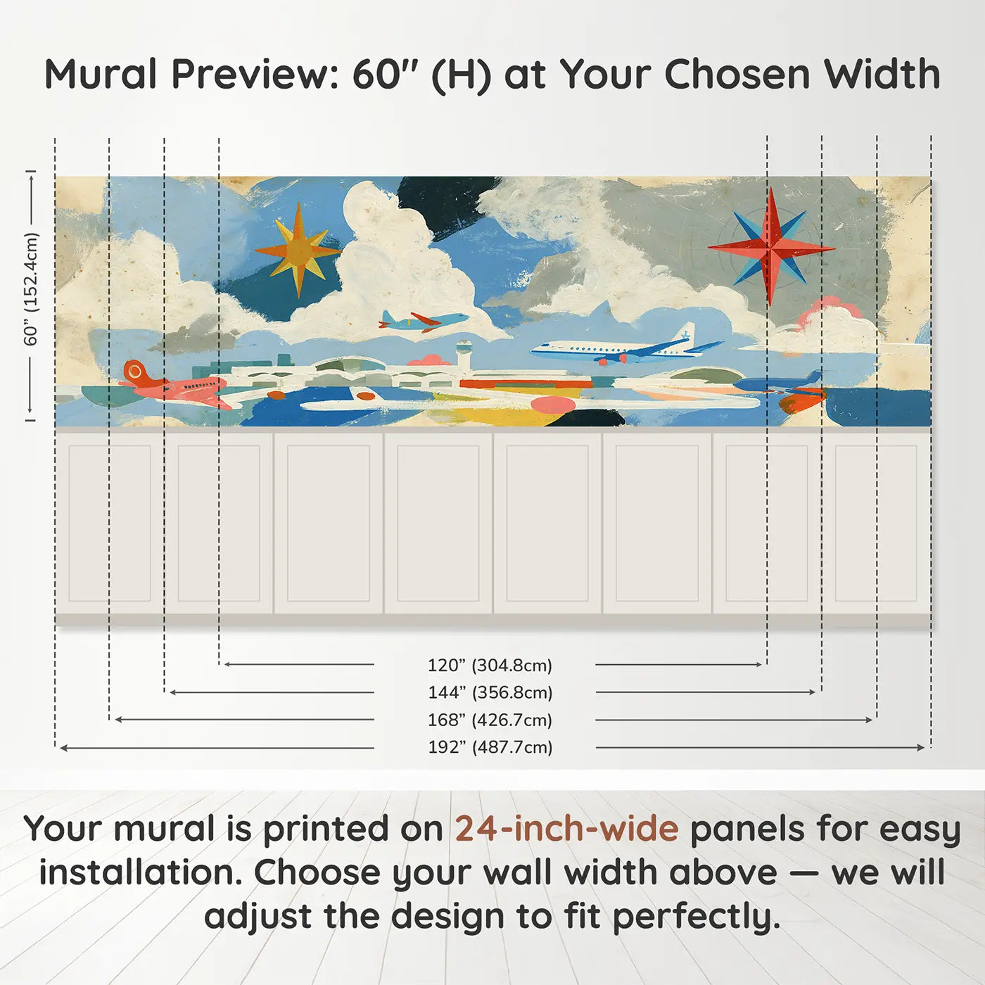 Panel dimensions for Graphic Airport Map Bold Wainscoting Wallpaper by Whimsy Tots
