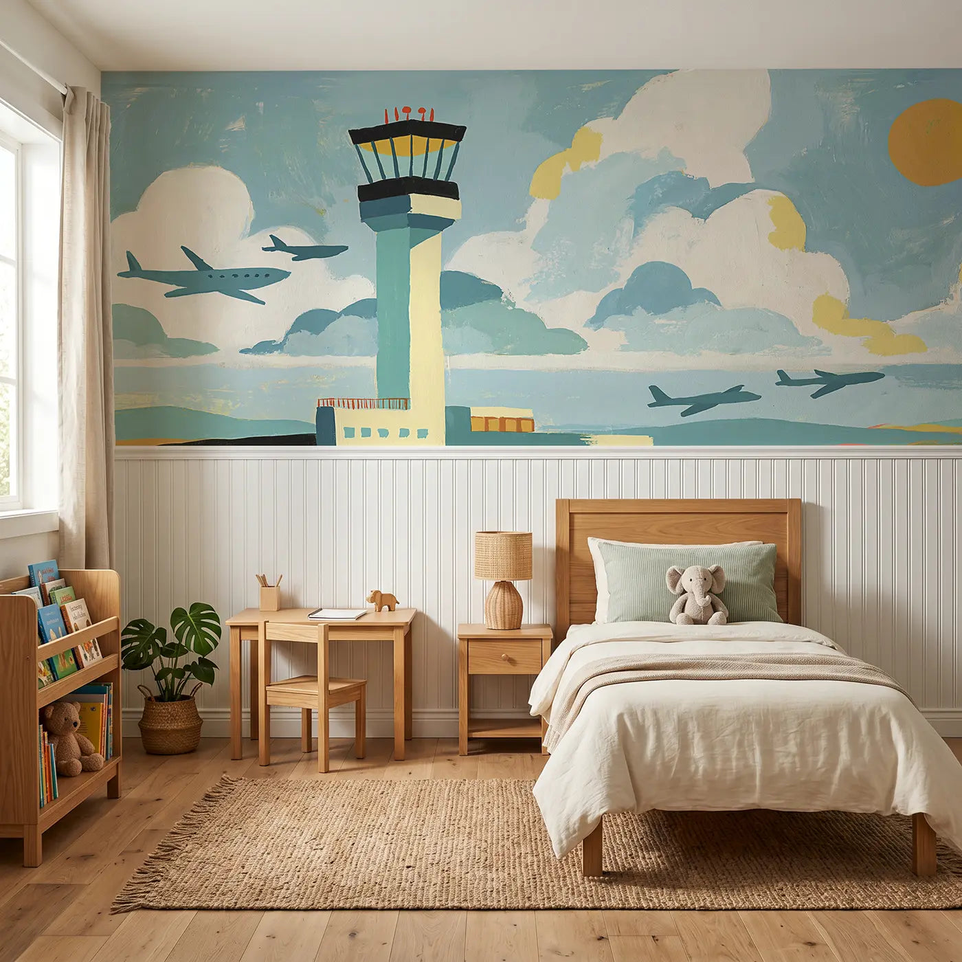 Modern Illustration control tower flat wainscoting wallpaper for bedroom by Whimsy Tots.