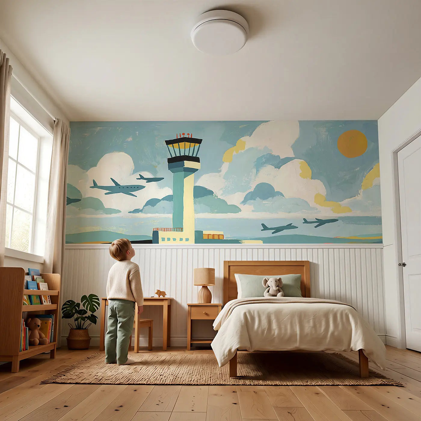 Child reading near Scandi Control Tower Flat Wainscoting Wallpaper by Whimsy Tots