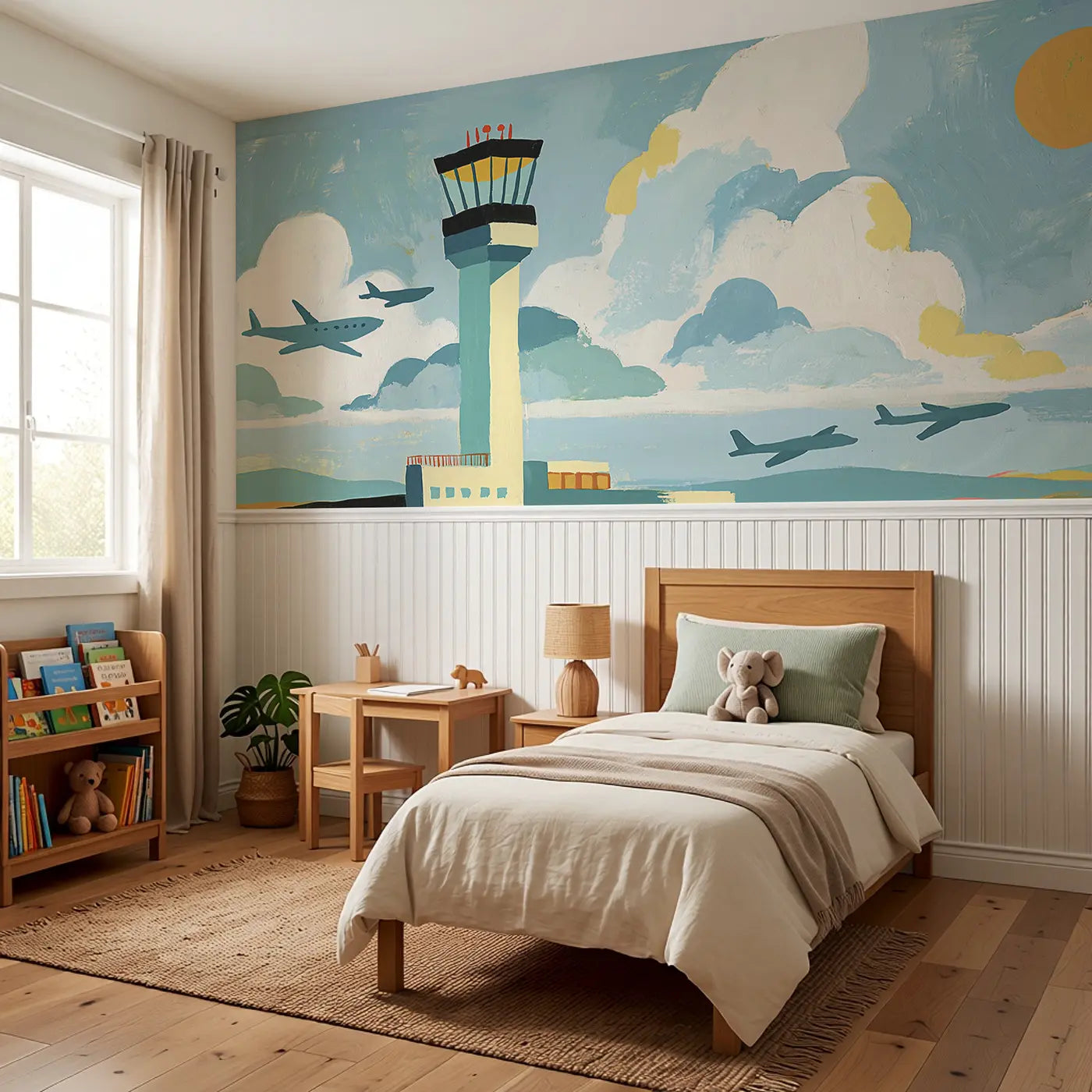 Scandi Control Tower Flat Wainscoting Wallpaper styled in a kids bedroom by Whimsy Tots