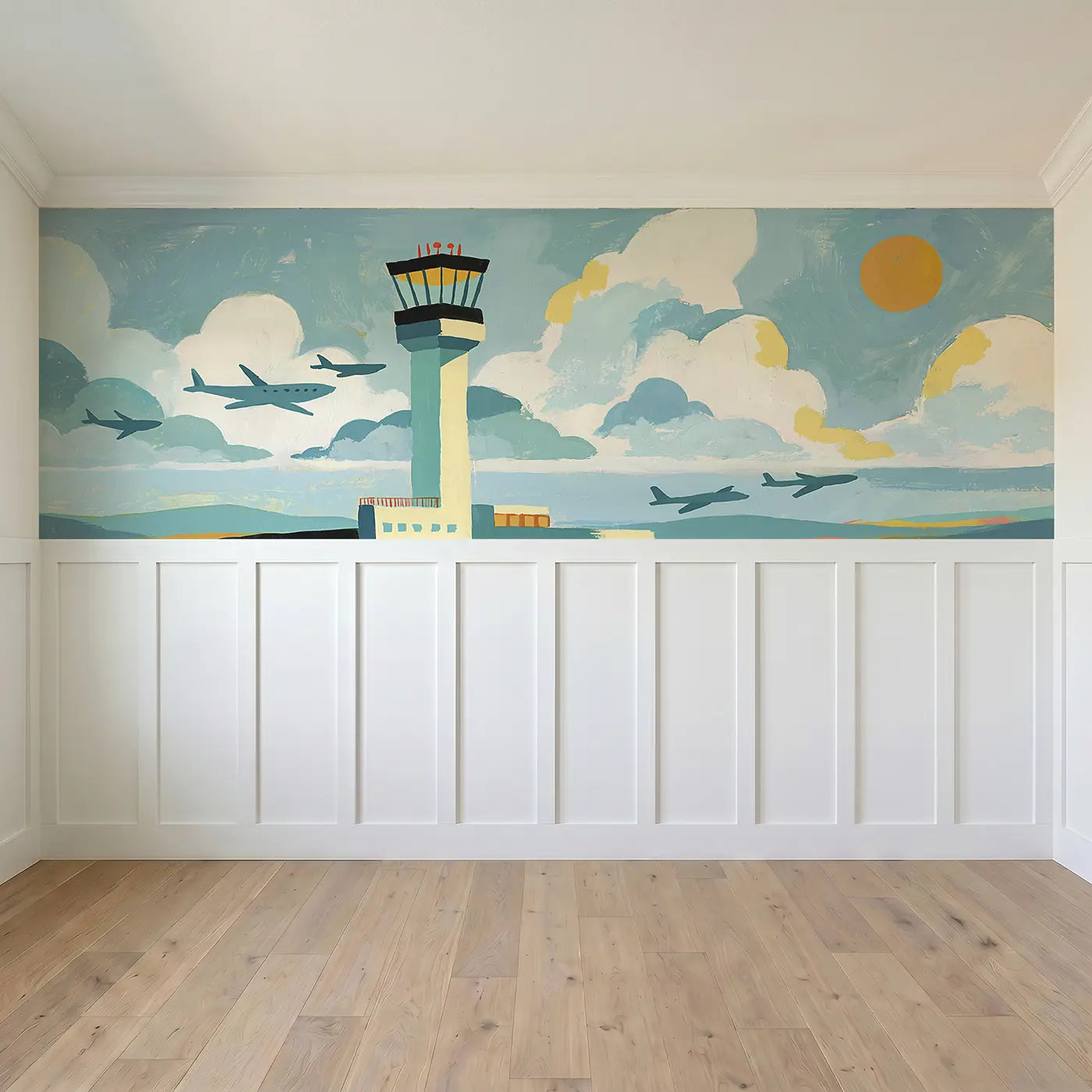 Full panel view of Scandi Control Tower Flat Wainscoting Wallpaper by Whimsy Tots