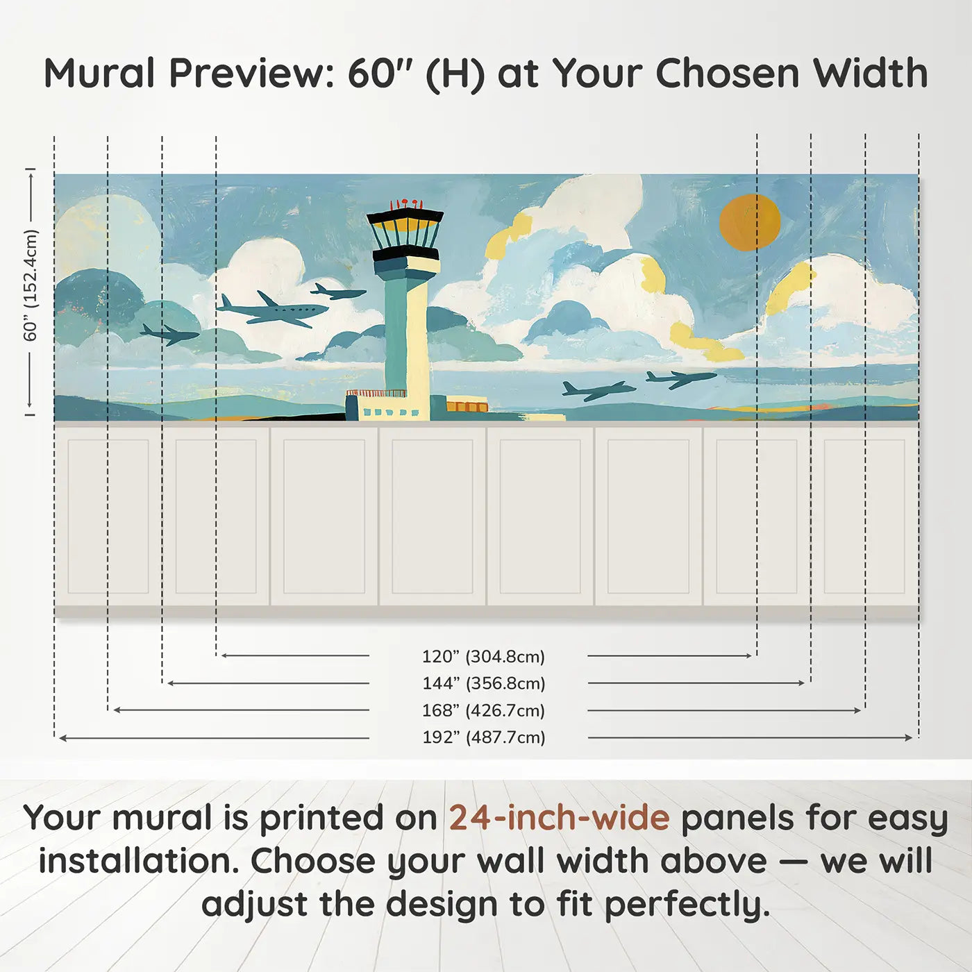 Panel dimensions for Scandi Control Tower Flat Wainscoting Wallpaper by Whimsy Tots