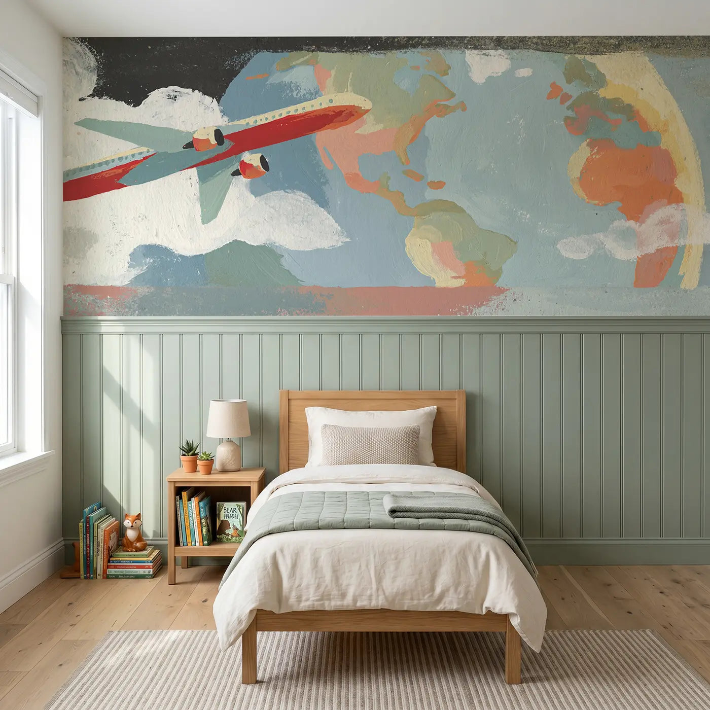 Modern Illustration plane world travel wainscoting wallpaper for bedroom by Whimsy Tots.