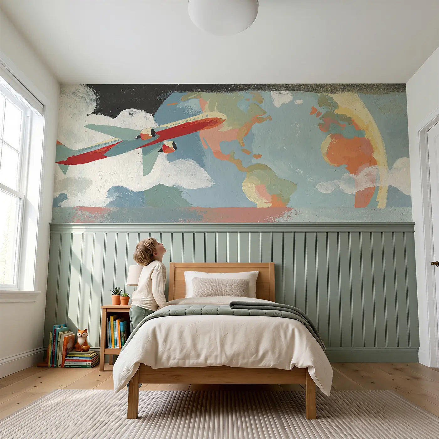 Child reading near Bold Plane World Travel Wainscoting Wallpaper by Whimsy Tots