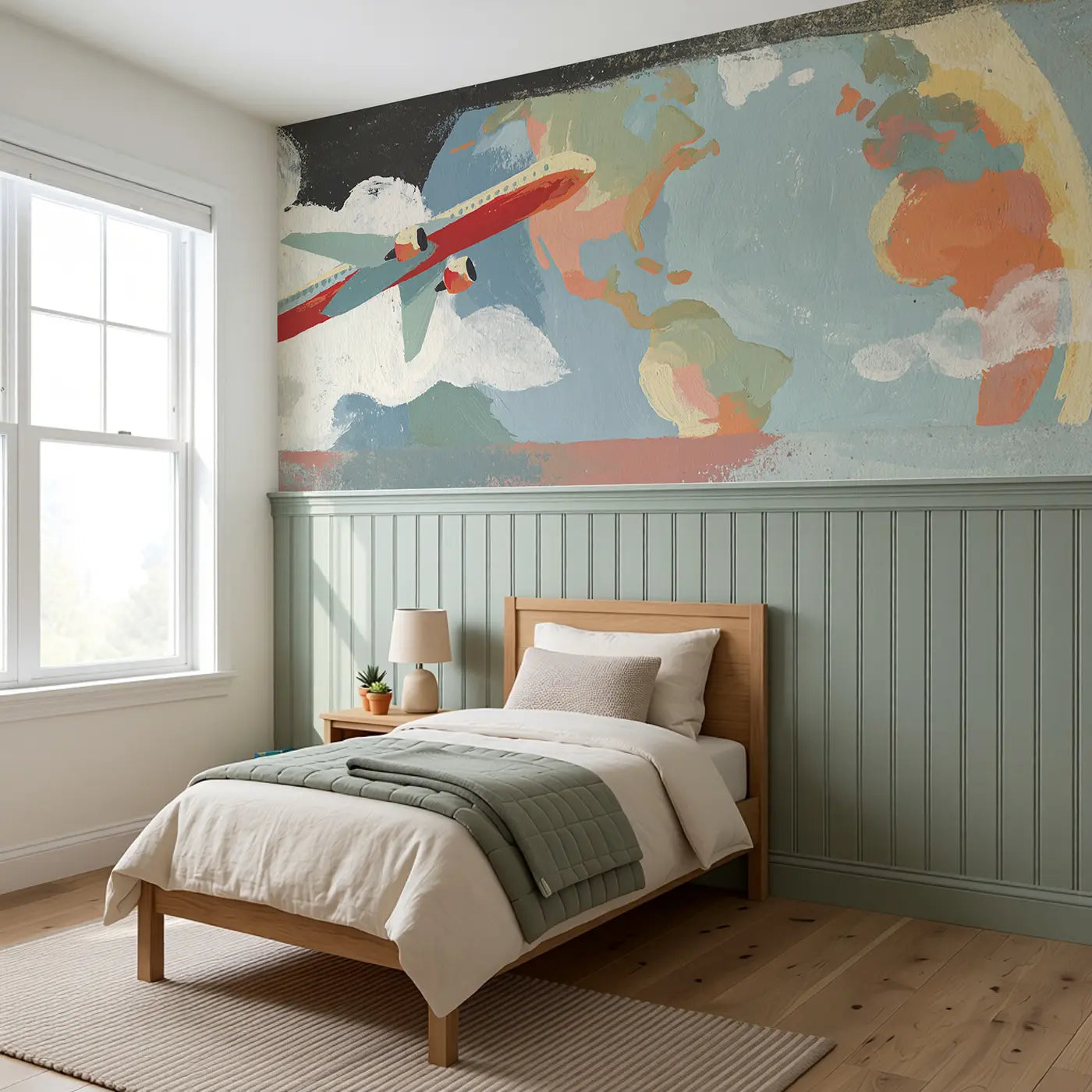 Bold Plane World Travel Wainscoting Wallpaper styled in a kids bedroom by Whimsy Tots