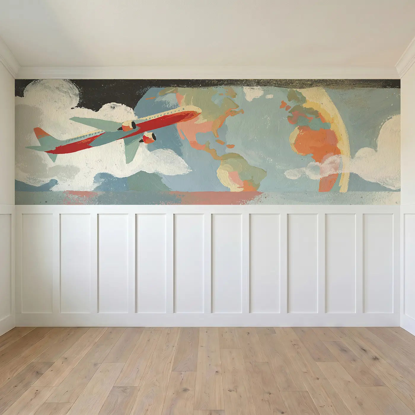 Full panel view of Bold Plane World Travel Wainscoting Wallpaper by Whimsy Tots