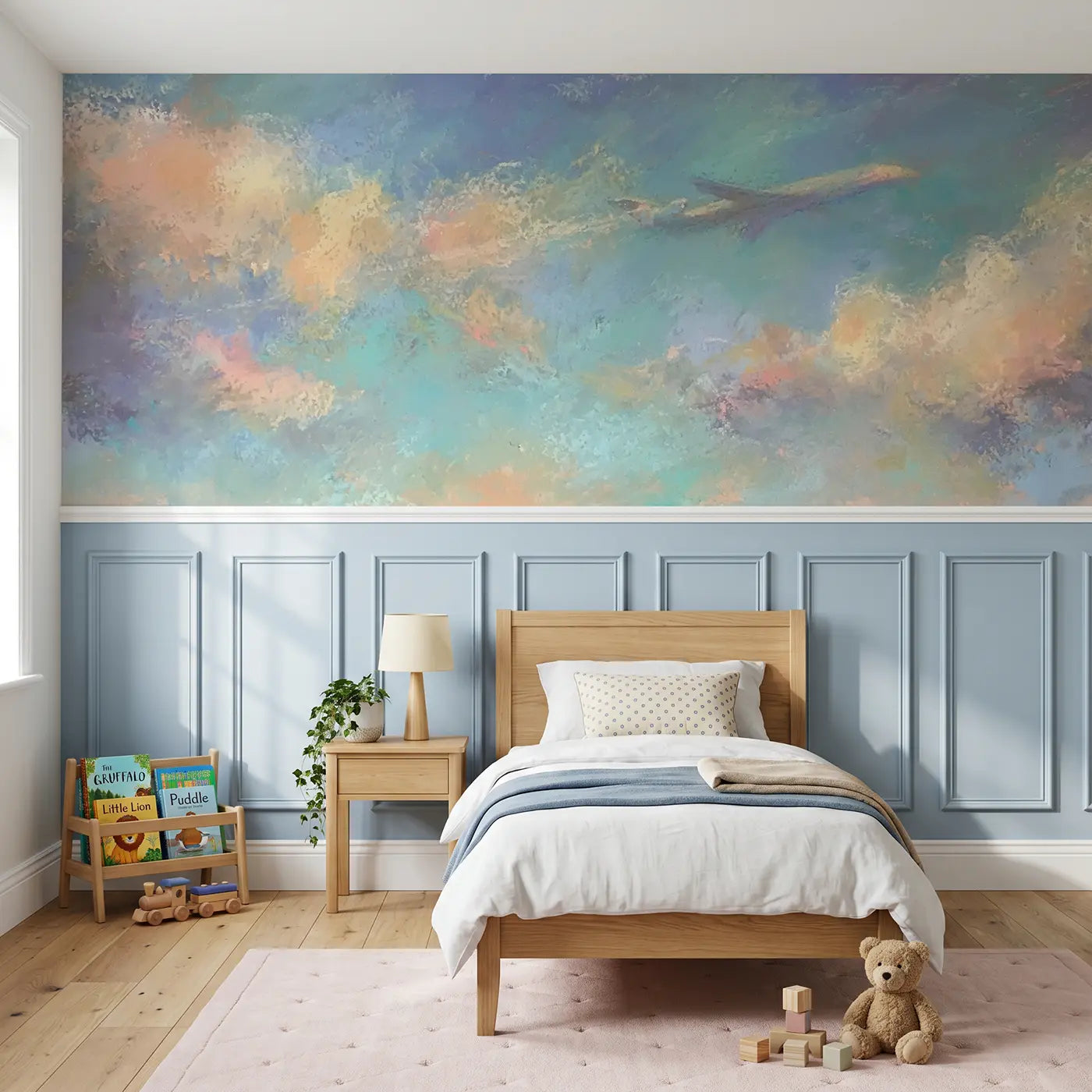 Soft Pastel jet plane gentle sky wainscoting wallpaper for nursery by Whimsy Tots.