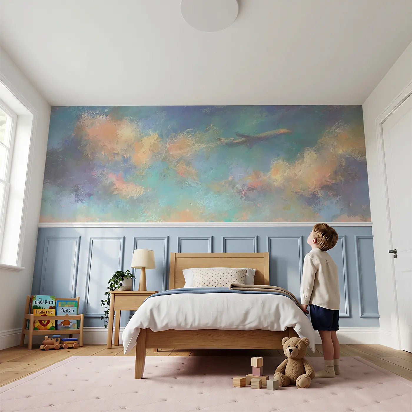 Child reading near Chalk Jet Plane Gentle Sky Wainscoting Wallpaper by Whimsy Tots