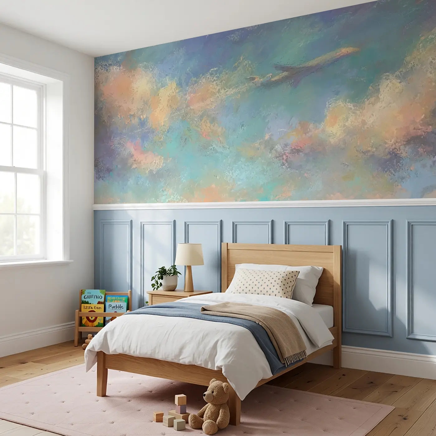 Chalk Jet Plane Gentle Sky Wainscoting Wallpaper styled in a kids bedroom by Whimsy Tots