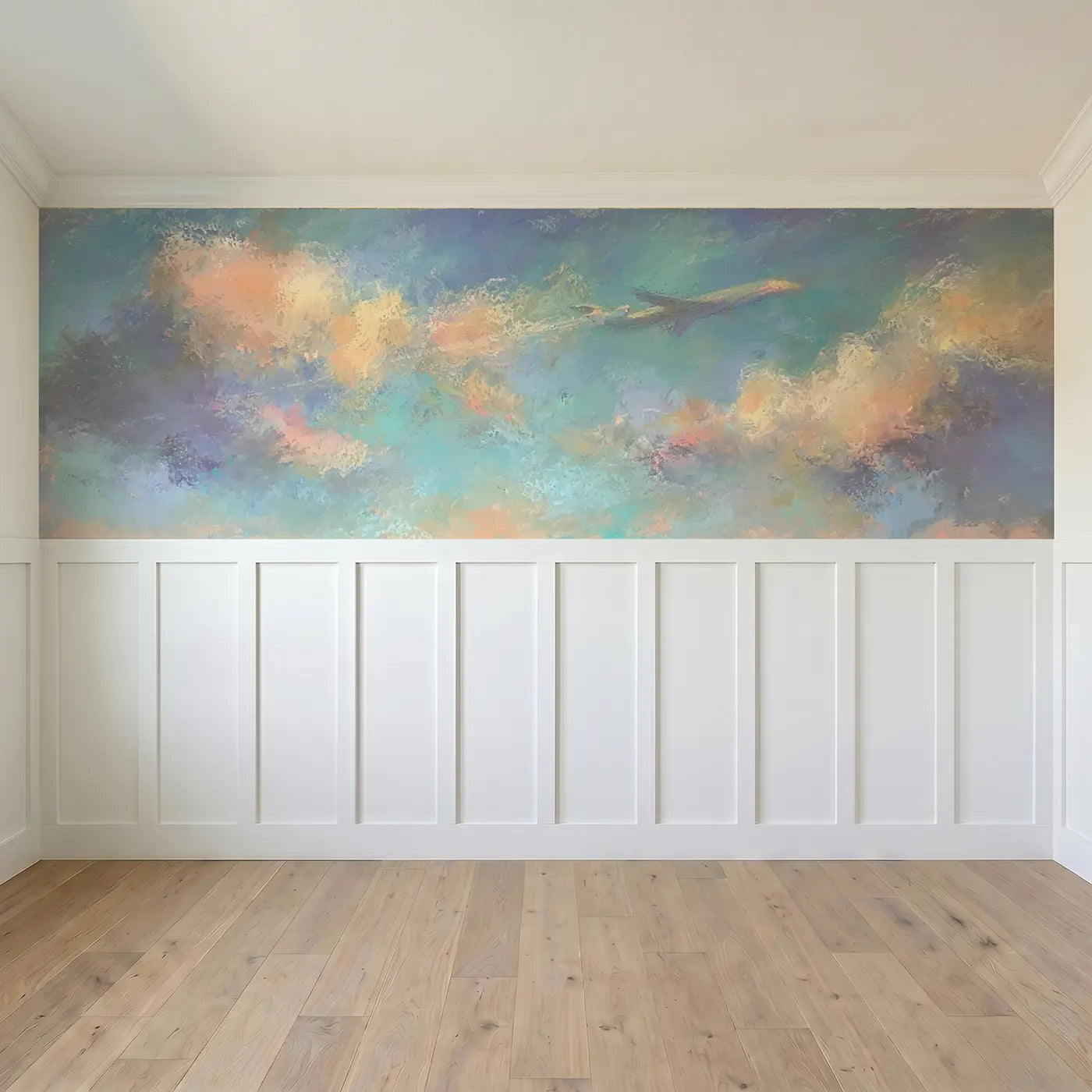 Full panel view of Chalk Jet Plane Gentle Sky Wainscoting Wallpaper by Whimsy Tots