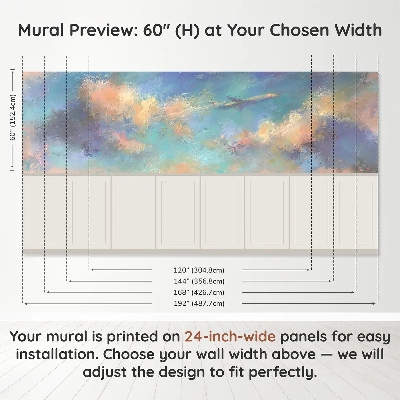 Panel dimensions for Chalk Jet Plane Gentle Sky Wainscoting Wallpaper by Whimsy Tots